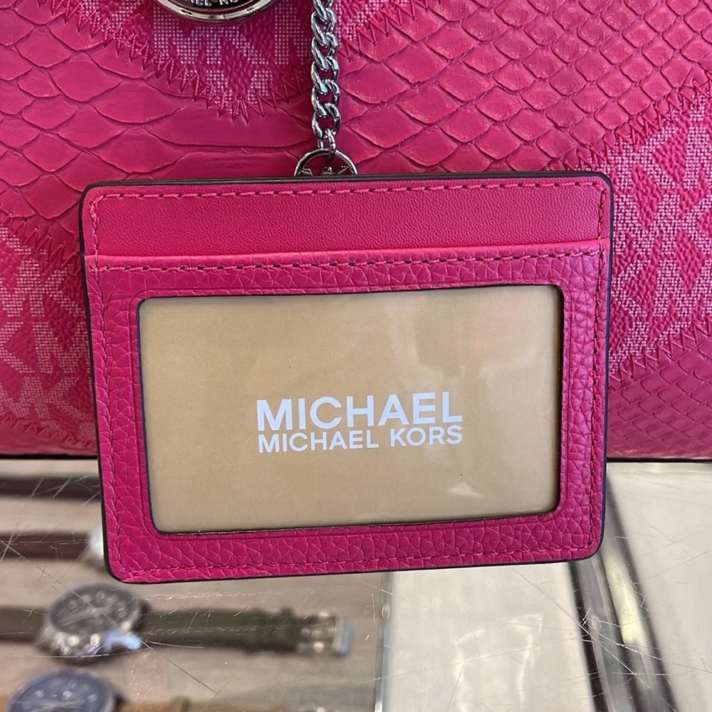 MICHAEL KORS Large Pebbled Leather Card Holder Case Electric Pink  NWT